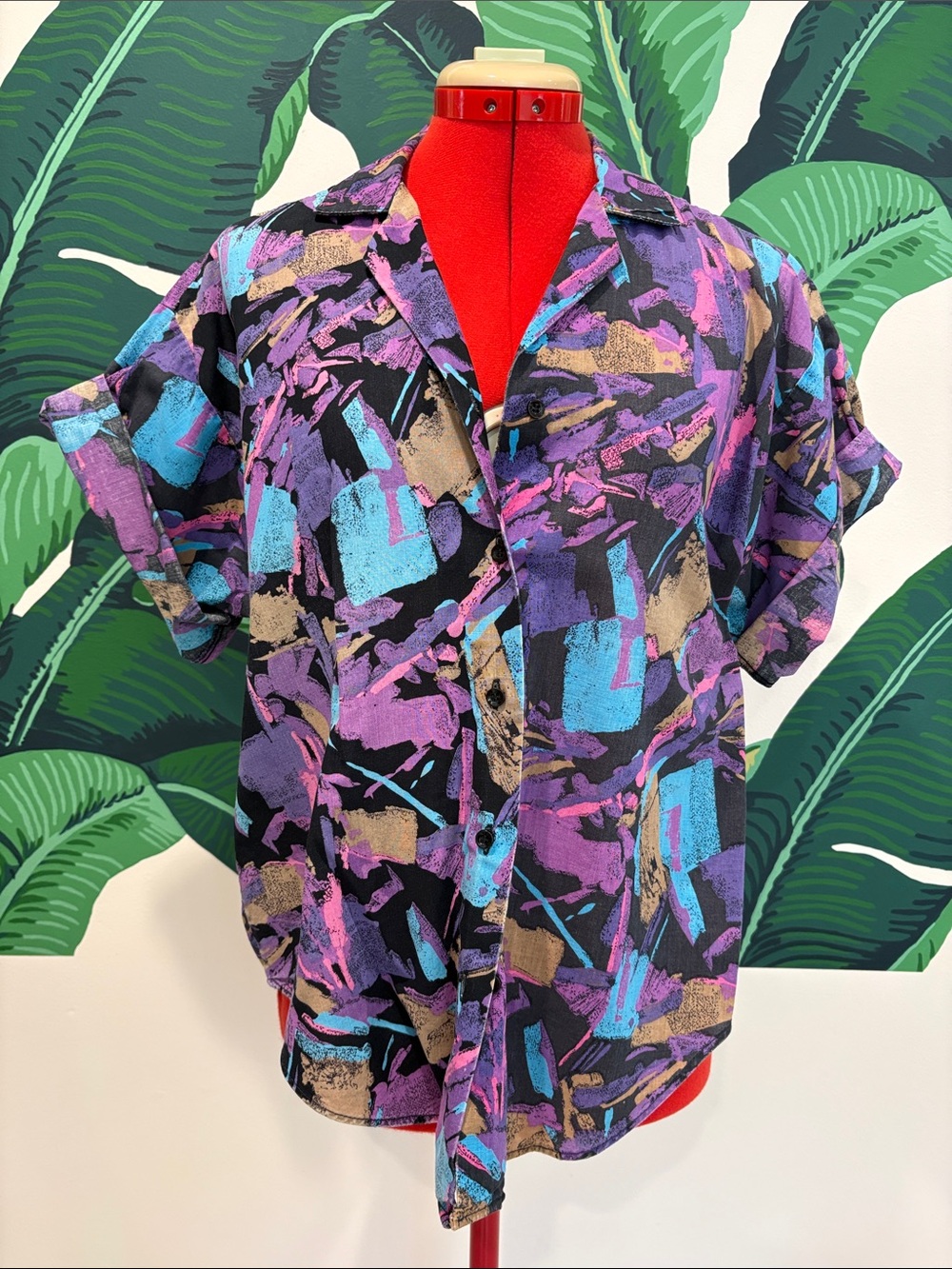 Vintage 1980s Abstract Print Short-Sleeve Button-Down Shirt